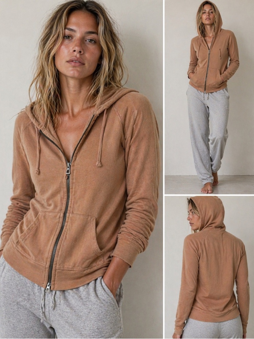 James Perse Zip Hoodie Tan Camel 100% Cotton Sweatshirt Size 0 XS